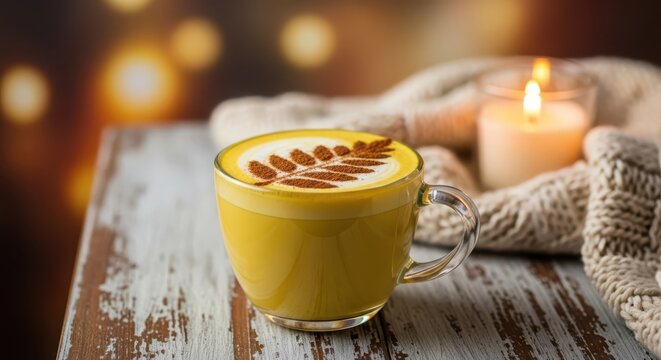 Warm turmeric latte with cinnamon and candles