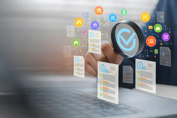 Businessperson inspecting digital property documents with magnifying glass icon and checklist interface on laptop screen. Concept for real estate approval, smart review, or financial auditing system.