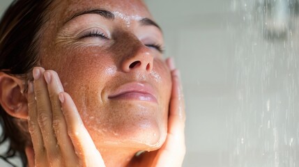Woman gently cleaning freckled face with hands under running water for clean skin