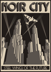 Art Deco Posters Style Illustration. Futuristic Noir City, Skyscrapers, Spotlights, Plane. Vector Template for Art Deco Placards, Covers, Illustrations