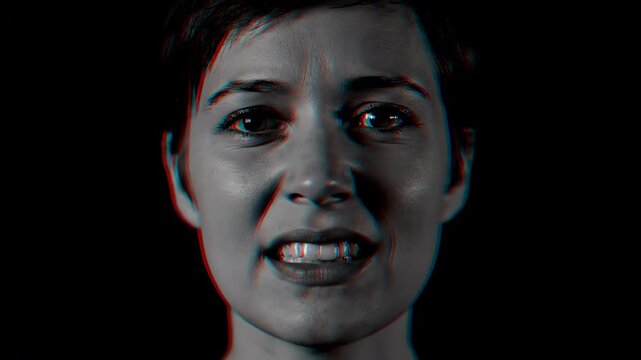 Anaglyph portrait of a stressed woman with open mouth and red cyan color effects, set against a black background, showcasing visible skin texture and emotional expression.