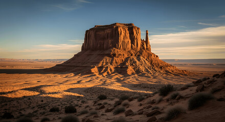 Fototapeta premium Iconic sandstone butte rising from a vast desert plain at golden hour, its rugged cliffs glowing warm red while long shadows stretch across the arid landscape under a clear expansive sky