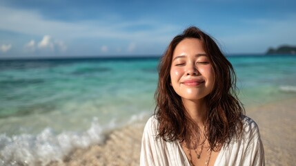 Obraz premium A joyful woman beaming her smile while sitting on a sandy beach, sunlight dancing across her face, embodying relaxation, happiness, and a connection to nature.