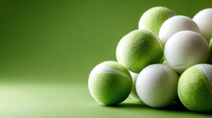 A collection of green and white tennis balls stacked on a lush green background, showcasing sports equipment with a vibrant and energetic feel capturing athleticism.