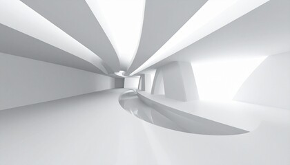 A futuristic white architectural interior with curved and angular surfaces, dramatic light and shadow, and a glossy floor—evoking surreal space, conceptual elegance, and the poetics of form.