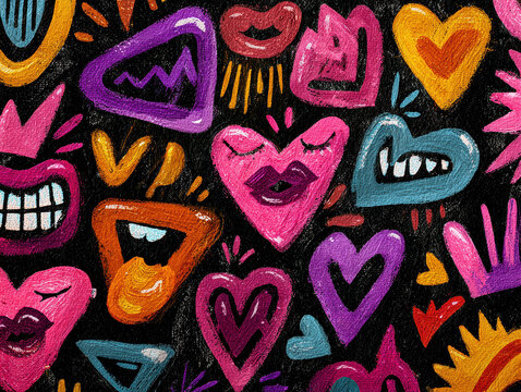 A vibrant, hand-drawn pattern featuring hearts, lips, and abstract shapes in a snarky art style Bright color palette dominated by pink, purple, and red Expressive brush strokes create - AI-Generated