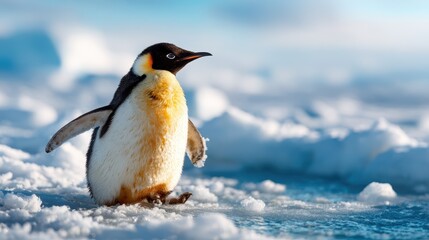 Obraz premium A playful penguin waddles joyfully on a glistening icy surface, capturing the essence of wildlife and exploration in a stunning, serene, and cold environment.