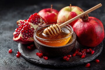 A visually rich still life composition featuring a collection of fresh, wholesome ingredients. A rustic dark surface holds a clear glass bowl generously filled with golden, viscous honey, complete wit
