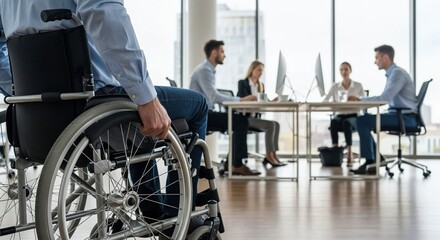 Representation of workplace inclusion with a wheelchair person entering in a modern office environment for inclusive work.