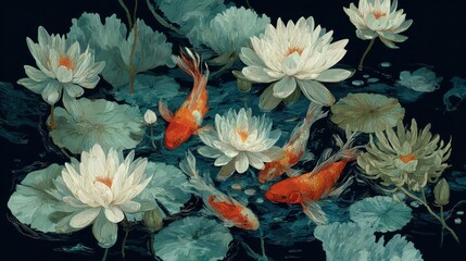 Koi fish swimming among water lilies pond