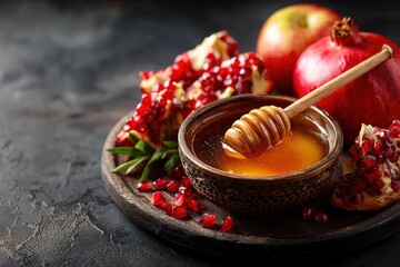 This vibrant still life captures a delightful arrangement of wholesome natural ingredients. A rustic wooden bowl holds golden, glistening honey, with a traditional wooden dipper immersed, creating bea