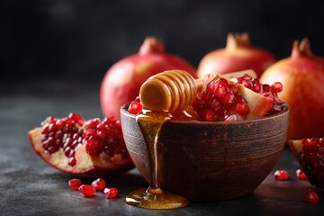 A rustic wooden bowl brimming with vibrant red pomegranate seeds and crisp apple slices is elegantly drizzled with golden, flowing honey from a classic dipper. This inviting composition, set against a
