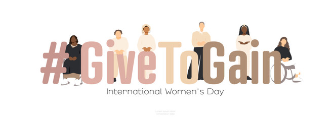 Give To Gain. International Women's Day 2026 logo concept. Different women standing with palms together, extended forward in a gesture of offering.