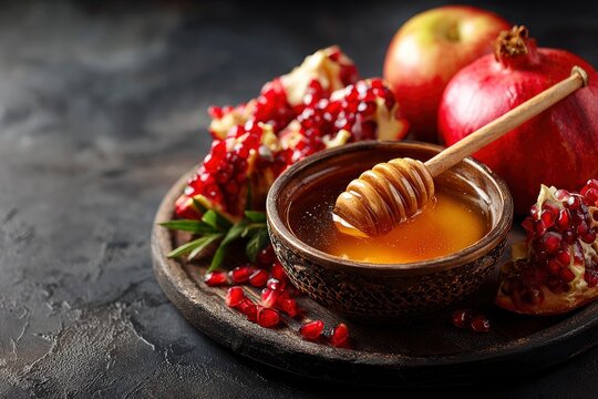This vibrant still life captures a delightful arrangement of wholesome natural ingredients. A rustic wooden bowl holds golden, glistening honey, with a traditional wooden dipper immersed, creating bea
