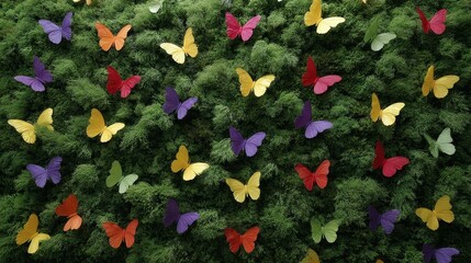 Vibrant rainbowcolored artificial butterflies pinned across lush green moss wall in a wideangle shot with natural ambient light and ample space for text