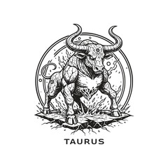 Zodiac Taurus sign illustration featuring a powerful bull charging through cracked earth in a vintage woodcut engraving style.