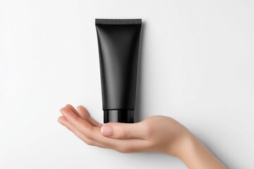 A female hand delicately presents a blank, matte black product tube, centered against a pristine white background. This clean, minimalist flat lay composition provides generous copy space, making it a