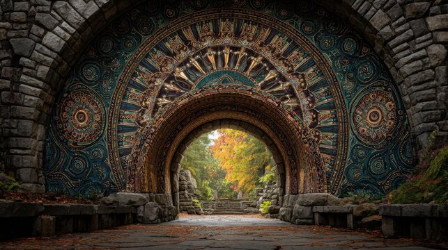 Ornate stone archway with vibrant mosaic and autumn foliage - Powered by Adobe