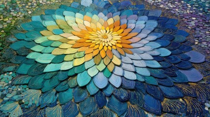 Vibrant mandala flower made of colorful textured petals
