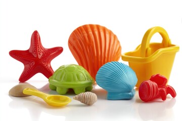 A vibrant and cheerful collection of colorful plastic beach toys, featuring a bright red starfish, an orange shell, a green turtle mold, a striking blue seashell, a sunny yellow bucket, and a red sand