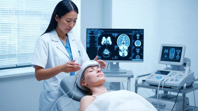 An Asian doctor performs a brain scan on a Caucasian patient on a hospital bed, surrounded by medical equipment and a blue X-ray monitor in white background.