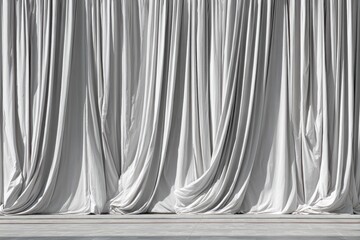 An elegant, abstract composition featuring a flowing expanse of light-colored fabric draped vertically, creating a dynamic interplay of shadows and highlights. The soft material forms numerous gracefu