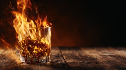 A dramatic shot of a whiskey glass engulfed in flames, showcasing a unique and artistic representation of heat and refreshment, blending bold elements in photography.