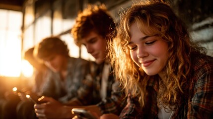 A close-knit group of teenagers shares a joyous moment while looking at their phones, illuminated by warm sunset light that creates a sense of friendship and connection.