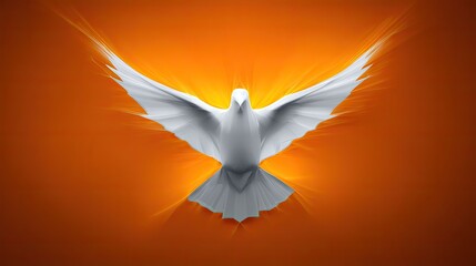 White dove with open wings against orange background conceptual design