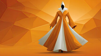 Abstract figure in flowing orange and white robes against geometric background