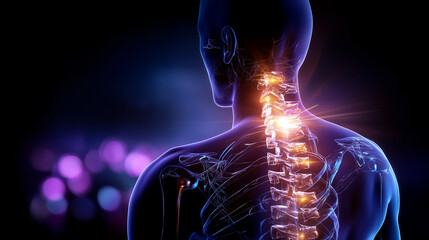 Digital 3D illustration shows human body back faceless, detailed spinal column glowing bones visible, skeleton structure nerve system joints displayed, neck pain area highlighted, 