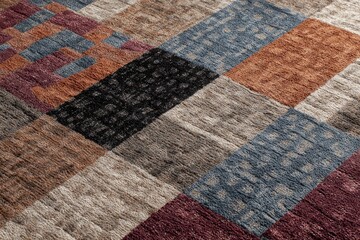 A detailed close-up reveals the rich, tactile surface of a woven textile, forming an intricate geometric pattern. Blocks of color, including earthy browns, warm beige, deep burgundy, black, and muted 