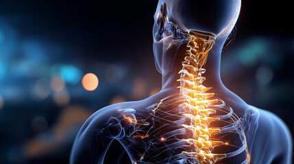 Digital 3D illustration shows human body back faceless, detailed spinal column glowing bones visible, skeleton structure nerve system joints displayed, neck pain area highlighted, 