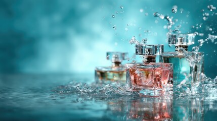 Three exquisite perfume bottles splash into a pool of water, their vibrant colors and elegant design capturing the essence of luxury and sophistication in beauty products.
