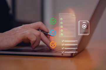 Man hands typing on computer keyboard with document icons, Document data system Report HR...