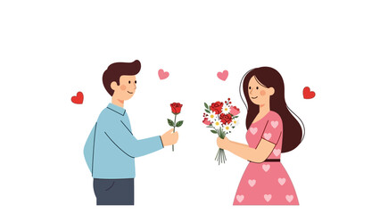 Romantic couple exchanging flowers and smiles in cute cartoon style