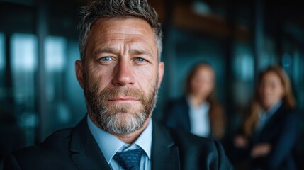 A close-up portrait of a confident businessman with striking blue eyes and a well-groomed beard, exuding leadership and professionalism in a modern office setting.