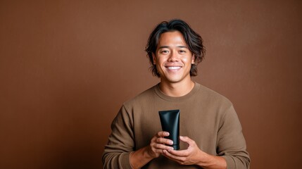 A cheerful young man holds a black skincare tube, radiating positivity and promoting self-care in a minimalist setting focused on personal wellness and grooming.