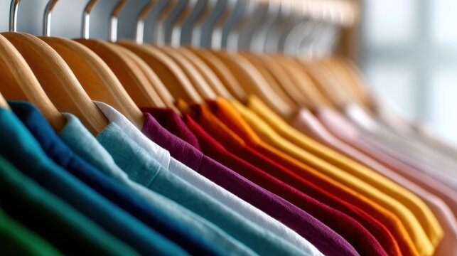 A vibrant array of colorful t-shirts neatly arranged on hangers, highlighting the beauty of choices in fashion and the appeal of style personalization in a retail environment.
