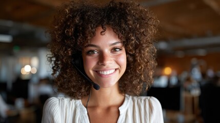 A cheerful call center agent wearing a headset and smiling in an office environment, showcasing professionalism and friendliness in a customer service setting.