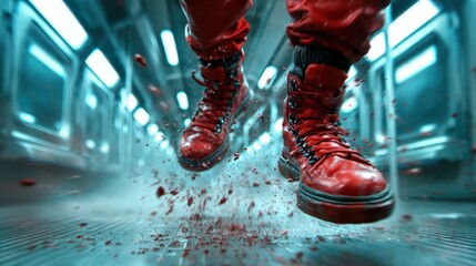 Dynamic shot of red boots mid-action creating a splash effect in a gritty subway, encapsulating urban energy and edgy fashion for street style enthusiasts.