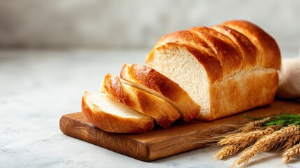 A freshly sliced loaf of bread on a wooden board, showcasing rustic charm and culinary tradition, evoking comfort, homeliness, and the joy of baking and sharing food.