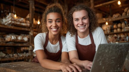 Two cheerful women with bright smiles stand together at a cozy bakery, demonstrating warmth, friendliness, and the joy of sharing a moment in a welcoming environment.