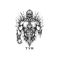 Norse god Tyr mythology illustration featuring a powerful skeletal warrior with a sword, wolf emblem, and missing hand in a vintage woodcut engraving style.