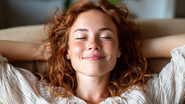 A joyful woman reclining on a couch with her eyes closed and a smile, embodying relaxation and contentment in a cozy home environment filled with natural light.