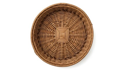 Overhead view of an empty, beautifully handcrafted natural wicker basket, showcasing its intricate woven pattern and rustic charm, perfect for home organization or decorative display