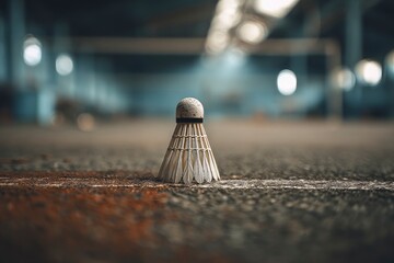 A single, slightly worn shuttlecock stands prominently on a textured court surface, marked with a distinct line. The background features a softly blurred indoor facility, adorned with abstract lights,