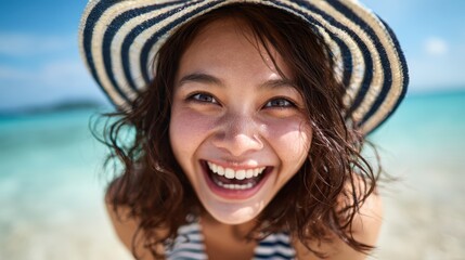 This cheerful image captures a joyful woman beaming with happiness at the beach, embodying the spirit of summer and carefree days filled with laughter and sun.