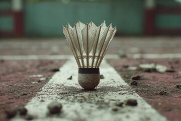 An old, well-used shuttlecock stands centered on a weathered sports court line, symbolizing the enduring spirit of recreational play and past games. Its worn feathers and scuffed, cracked base tell a 