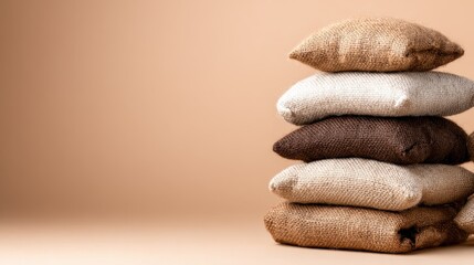 A neat arrangement of burlap bags stacked on a smooth beige background, presenting a rustic aesthetic that conveys simplicity and a connection to natural materials.